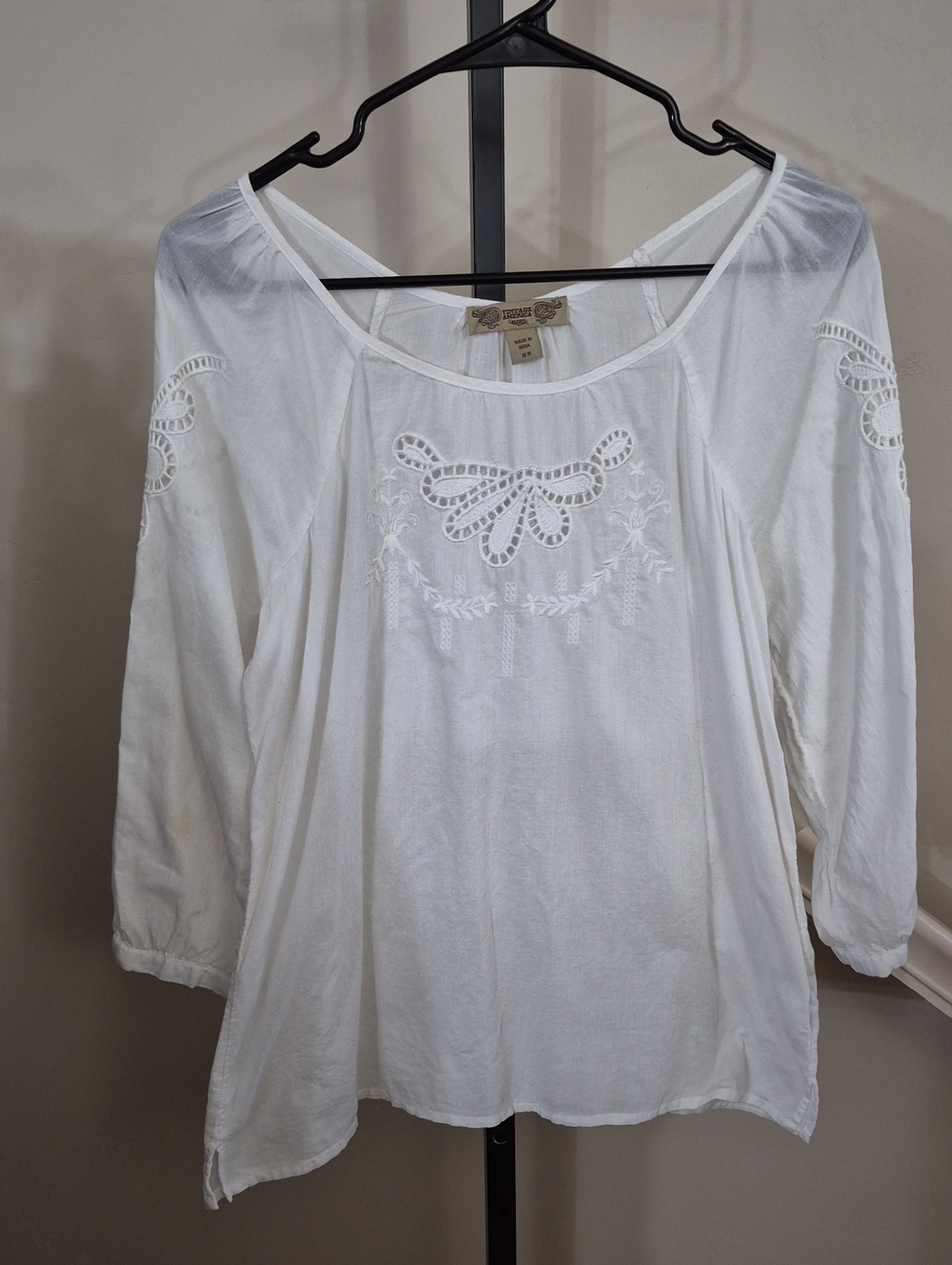 Vintage America Blues White Eyelet Embroidered Peasant Blouse Top Size XS